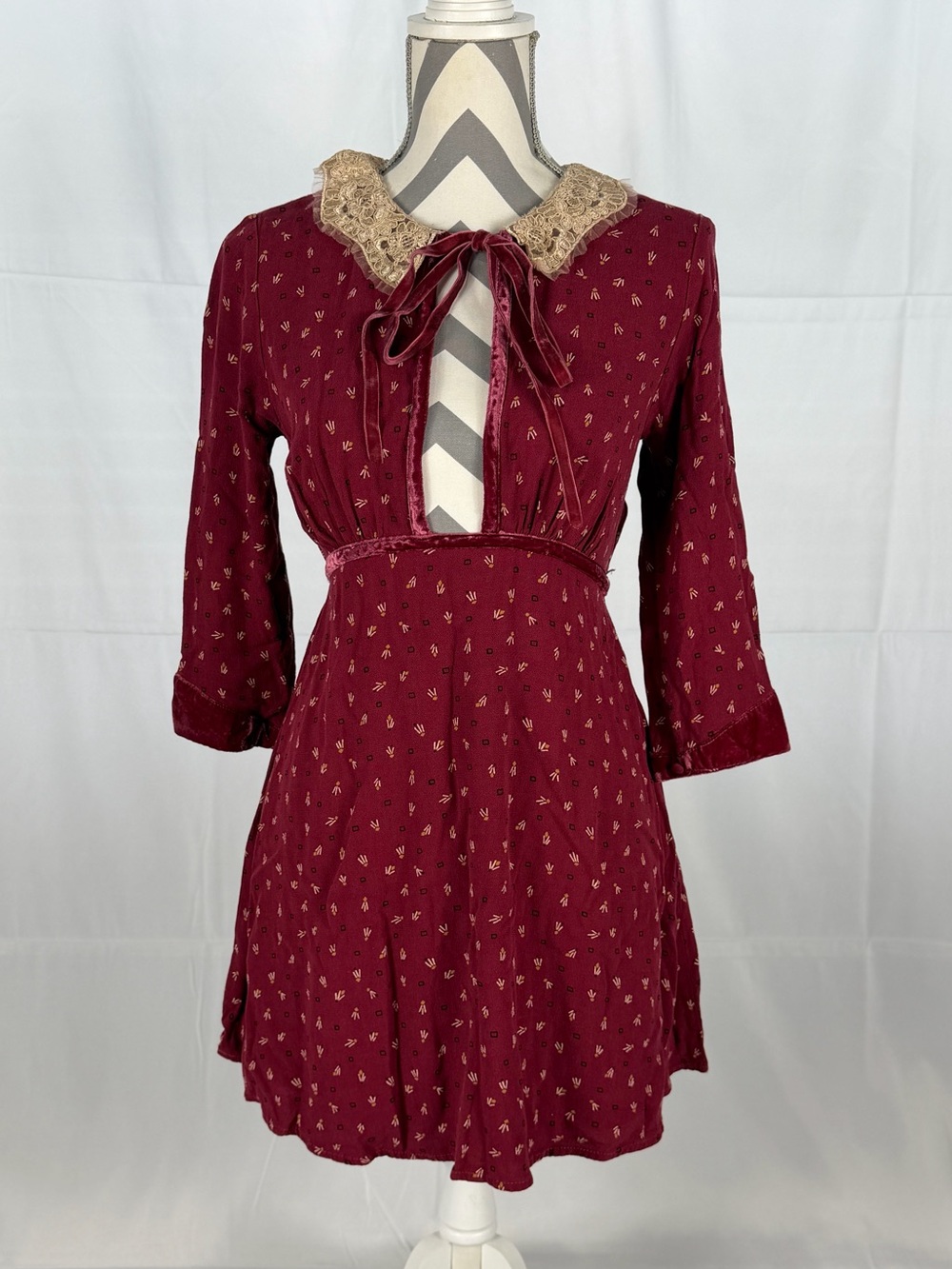 Free People Red Sweet Delfina Mini Dress, Lace Collar, Plunge Neck, XS